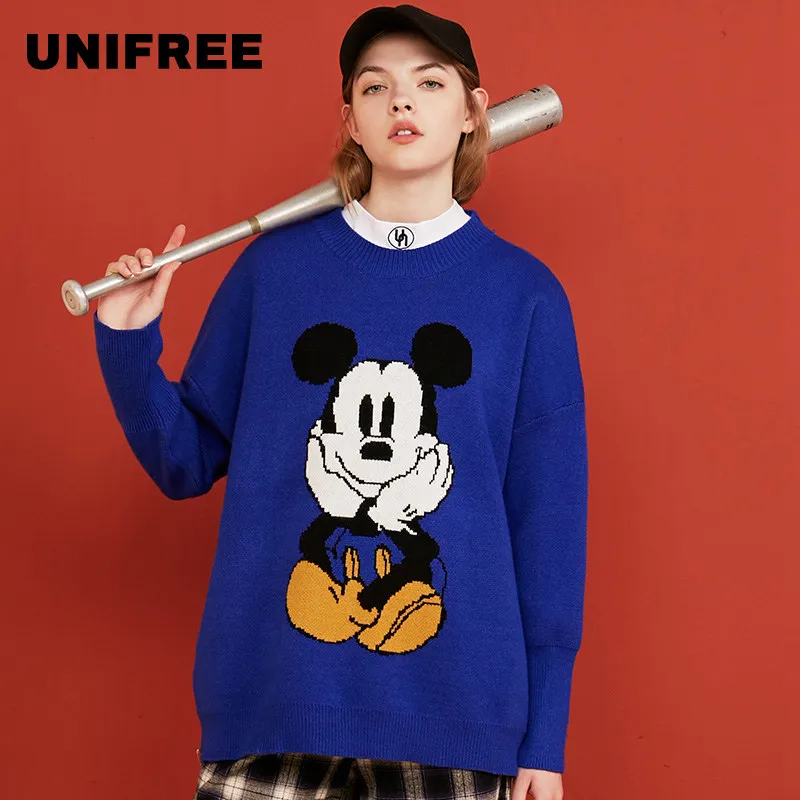 

UNIFREE2019 winter new female round neck Mickey Mouse pattern loose pullover sweater tide UHB184K068