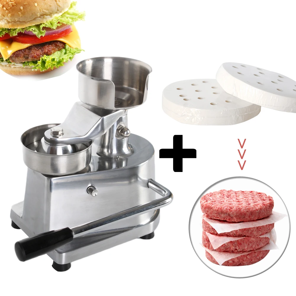 

100mm-130mm Manual Hamburger Press Machine+2000pcs Oil Paper Steel Round Meat Forming Burger Patty Maker Kitchen Meat Mold Tools