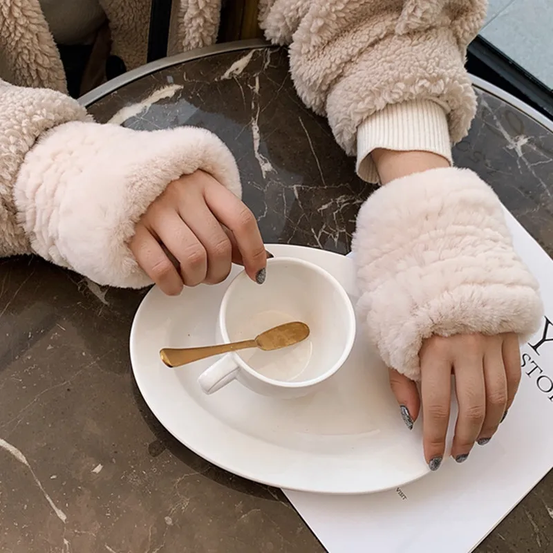 

Lady Knit Mitts Warm Real Rex Rabbit Fur Gloves High elasticity Lady Rabbit Hair Gloves Soft Rex Rabbit Fur Half Finger Gloves