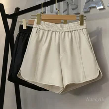 Calções de couro mulher 2021 outono e inverno novo elástico de cintura alta damasco pu casual larga perna bootcut curto femme
