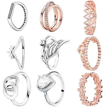 

Fashion 925 Sterling Silver Rings Sparkling Angle Wing Crown Rose Golden Heart Ring Wedding Rings for Women Jewelry