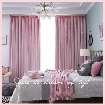 

Fabric Yarn Blackout Curtains Hollowed Out Stars Bedroom Wndow Living Room Double-Layer Drapes Window Curtains