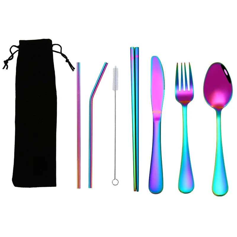 Rainbow A Dinnerware Set Travel Camping Cutlery Set Reusable Silverware With Metal Straw Spoon Fork Chopsticks And Portable Case - Цвет: Rainbow A