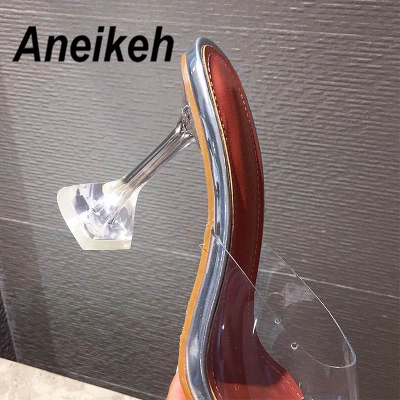 Aneikeh; коллекция года; Серебристые прозрачные женские босоножки из ПВХ; туфли на высоком каблуке с открытым носком и кристаллами; женские туфли-лодочки из плексигласа на шпильке с ремешком на пятке