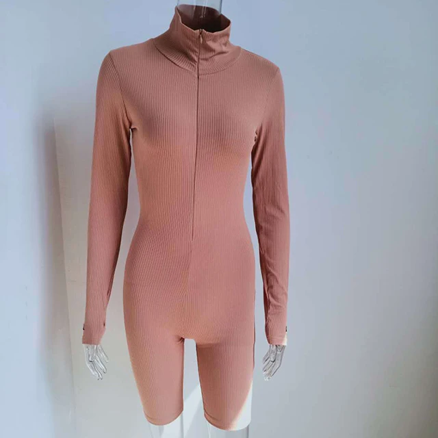 Plus Jumpsuit For Women Romper 2020 Lucky Label Long Sleeve Casual Skinny Turtleneck Catsuit Zipper Sport Wear Bodysuit Black Short Khaki