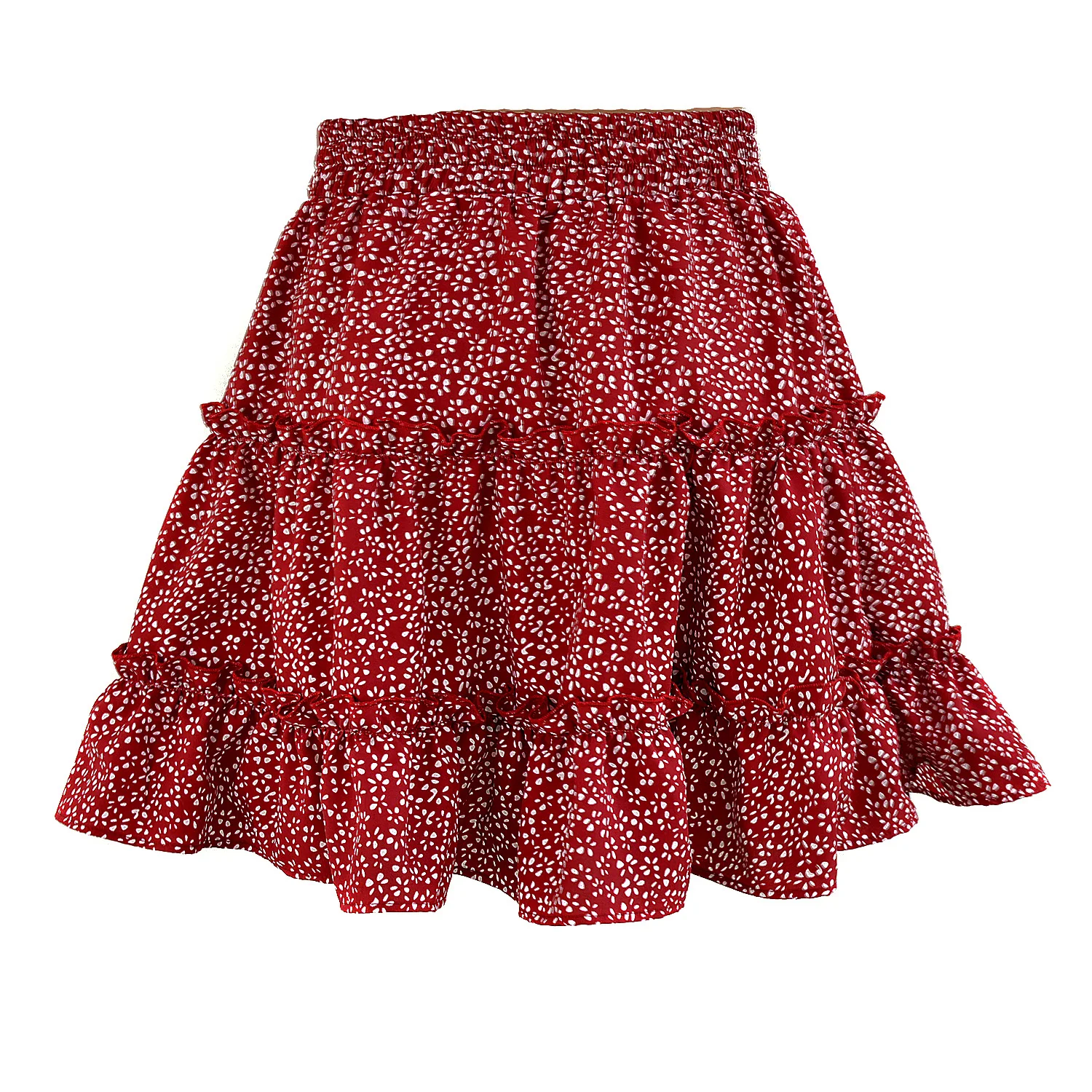 2019 сетчатая Красная Женская юбка с высокой талией и оборками, юбка с цветочным принтом, пляжные юбки