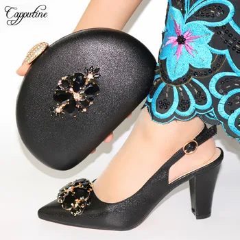 

New Fashion Black High Heel Pumps With Purse Latest Pointed Toe Shoes And Bag Sets With Stones CR893, Heel Height 9.3cm