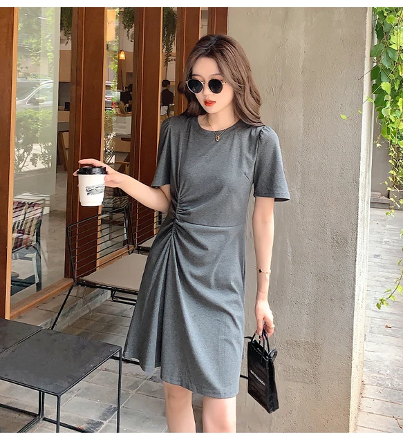 Hebe&Eos Korean Casual Women's Dresses A-line Folds O-neck Black Dress Short Sleeve Slim Waist Simple Ladies Clothing Vestidos gray