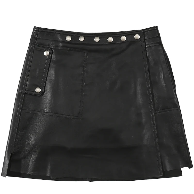 2020 Mini Lederen Dames Rokken Zwart Klinknagel Hoge Taille Slim Fit Koreaanse Mode Vrouwen Echte Schapenvacht Mini Sexy Rokken