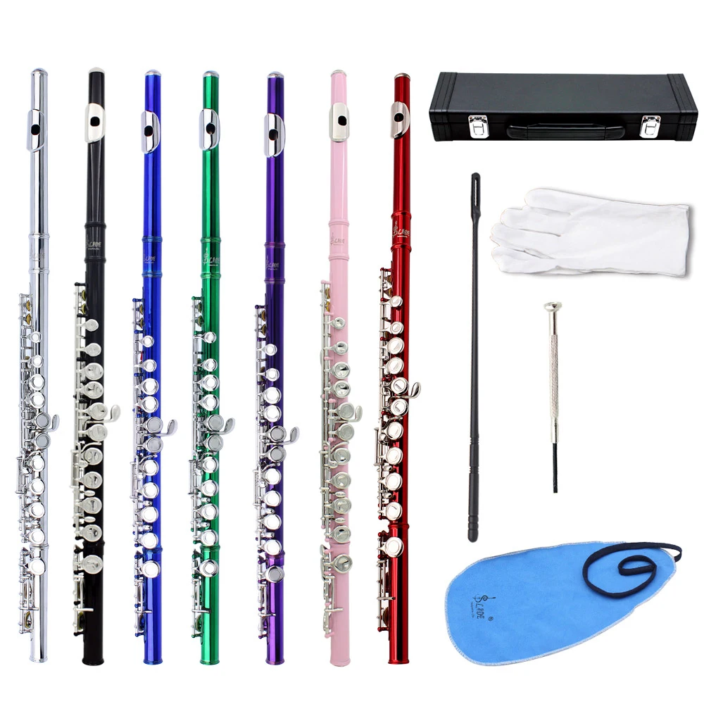 

Western Concert Flute Cupronickel Plated Silver 16 Holes C Key Woodwind Instrument with Cleaning Cloth Stick Gloves