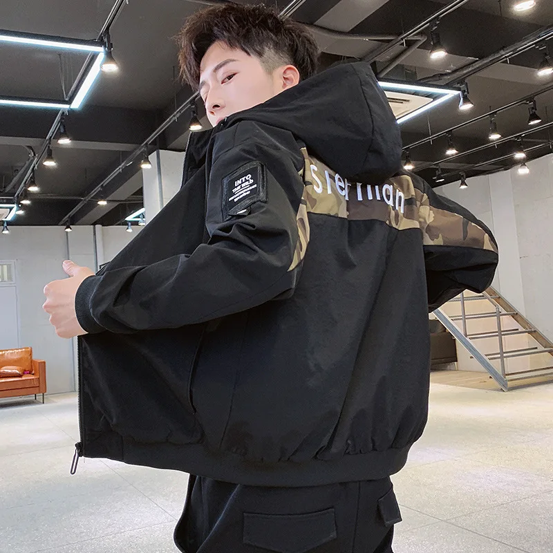 

Men plus Velvet Jacket New Style Korean-style Trend Slim Fit Hong Kong Style Camouflage Casual Jacket Men'S Wear Youth Hooded To