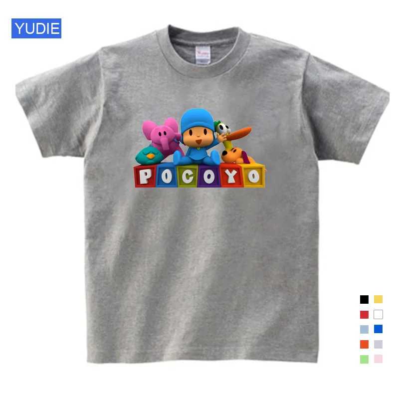 Pocoyo/Топ; детская футболка с короткими рукавами; летняя одежда для мальчиков; Одежда для маленьких девочек с героями мультфильмов; модная детская одежда для маленьких девочек - Цвет: Kids t shirt gray
