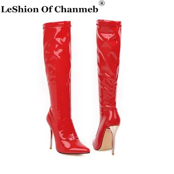 

Stylish Chic Thin Stiletto Heeled Pointed Toe Zipper Knee High Boots Shiny Winter Autumn Party Shoes for Women Ladies Tall Boots