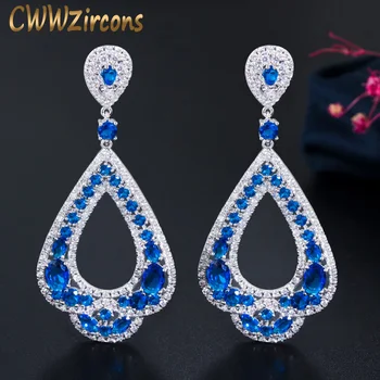 

CWWZircons Elegant CZ Bridal Party Jewelry Luxury Long Drop Cubic Zirconia Big Royal Blue Wedding Earrings for Brides CZ197