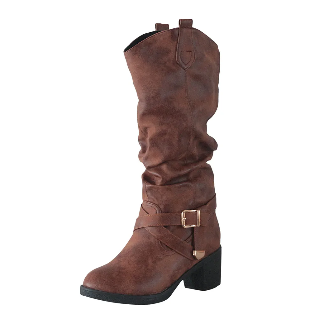 Г. Новая весенне-зимняя женская кожаная обувь до колена с перекрестными ремешками и пряжкой ковбойские ботинки на низком каблуке без шнуровки ковбойские ботинки женская обувь# O17