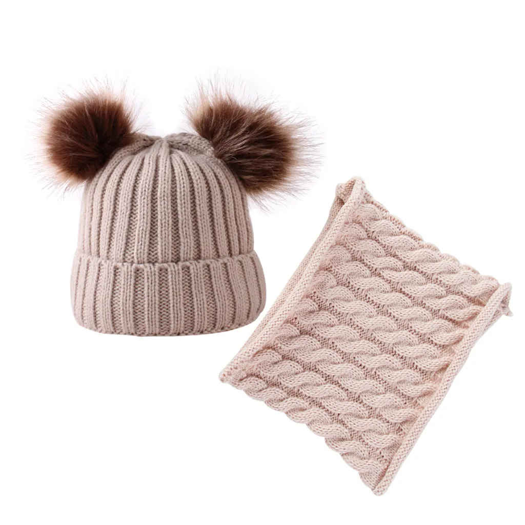 Новая дизайнерская зимняя теплая шапка унисекс, однотонная детская вязаная шапка из двух предметов с двумя меховыми шариками, зимняя шапка на Рождество