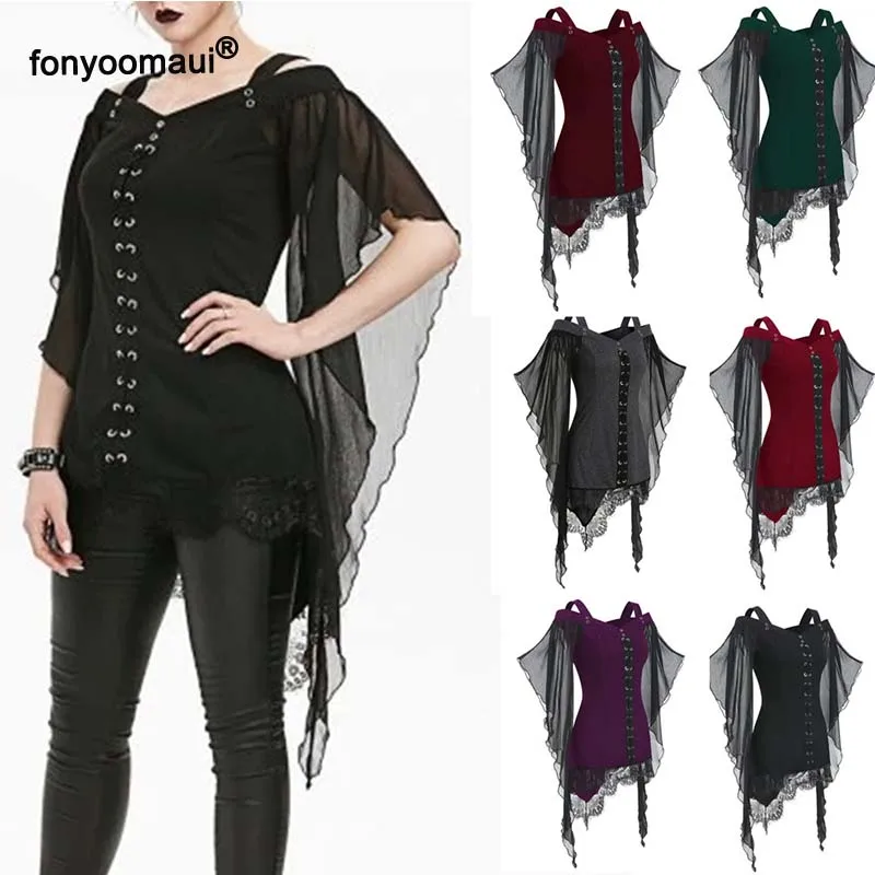 

Medeival Vintage Gothic Steampunk Chiffon Shirt Top For Women Bust Front Back Lace Up Flying Sleeve Irregular Lace Hem Plus Size