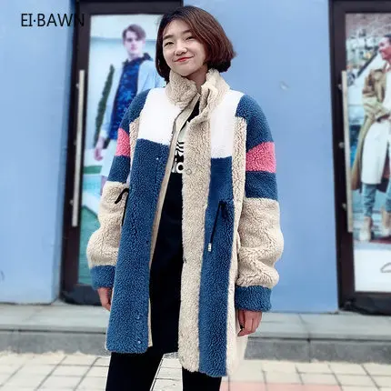 

Fur coat, stand collar, long grain wool coat, drawstring sheep shearing fur