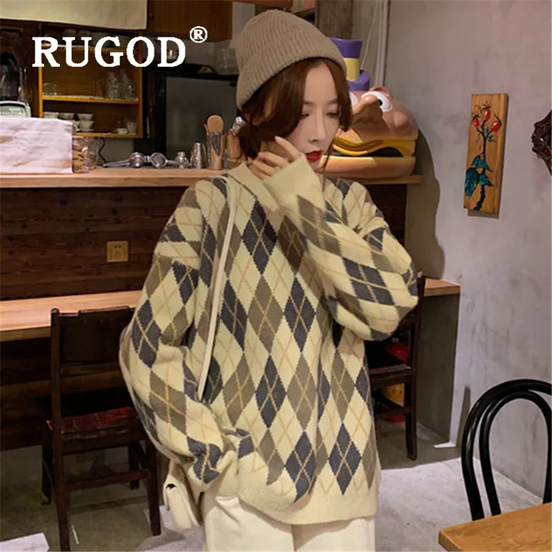 RUGOD свитер с узором Diomand, винтажный пуловер, джемпер, зимние топы для женщин, о-образный вырез трикотаж, Свободный корейский стиль, женские свитера