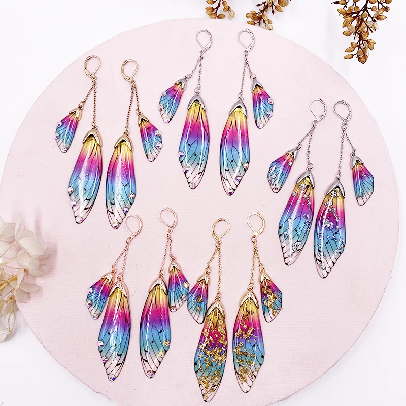 Fairy Resin Butterfly Earrings for Women Shining Crystal Flake Double Wing Long Drop Earrings Ladies Wedding Party Jewelry 2020