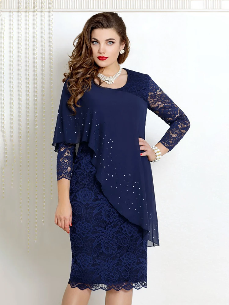 Long Sleeve Lace Chiffon Dress Plus Size Women Formal Occation Dresses ...