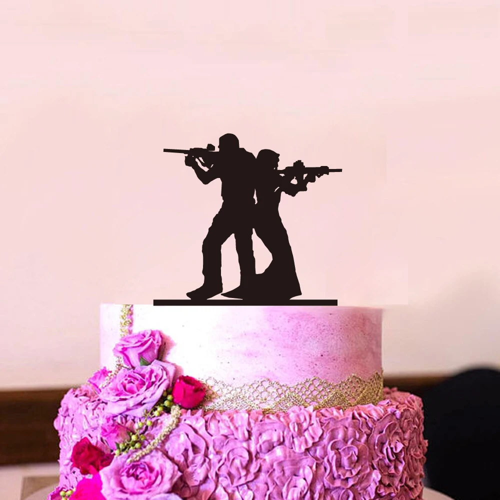Funny Style Wedding Cake Topper Bride & Groom Shooting Cake Topper MR & Mrs Black Acrylic Cake topper Weightlifting Decoration (2)
