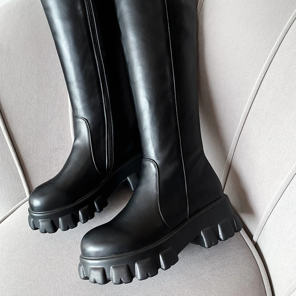 DORATASIA Plus Size 32-46 New Fashion Patent Pu Ladies Chunky Heels Shoes Shoes Woman Leisure Ol Over The Knee Boots Women