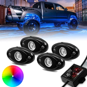 

4 Pot Car Waterproof Underbody RGB Decorative Led Rock Light by Phone Bluetooth Control for Offroad Wrangler