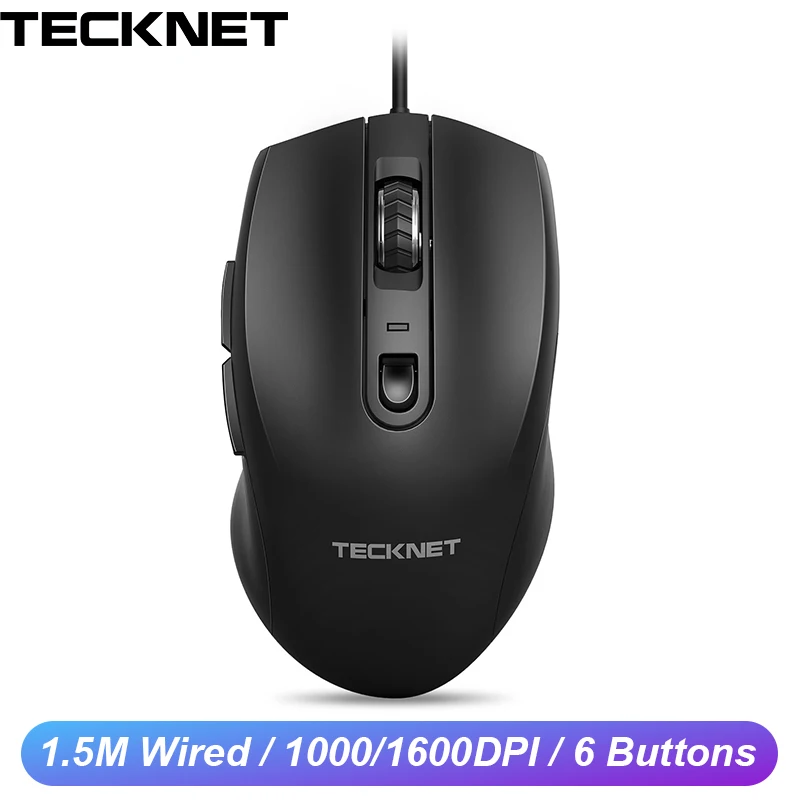 Проводная мышь TeckNet USB с 6 кнопками оптическая игровая 1000/1600DPI для Microsoft Windows