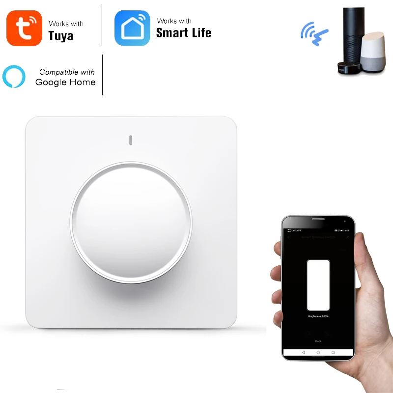 Interruptor de luz atenuador Wifi Smart Tuya, interruptor de pared giratorio regulable, funciona con Alexa, Google Home, Smart Life NO se necesita Hub