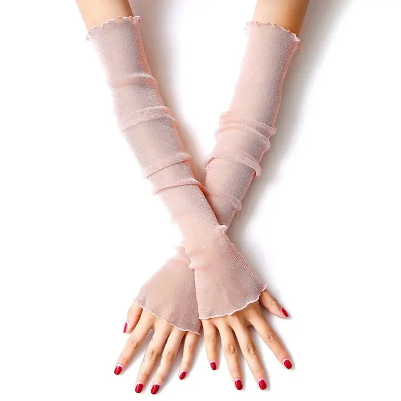 Nude Pink 6 цветов, женские летние ледяные шелковые перчатки для вождения с защитой от ультрафиолета, перчатки с металлическими блестками, однотонные рукава с оборками - Цвет: Nude Pink