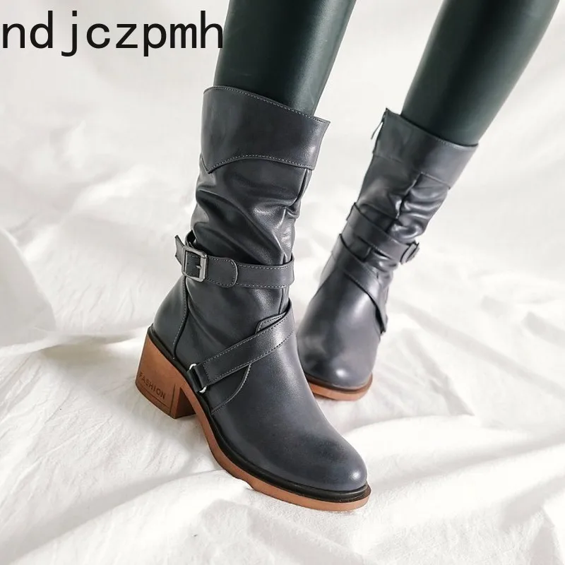 

Martin Boots Autumn and Winter The New Fashion Round Head Zipper Belt Buckle Mid Heel Middle Tube Women's Shoes Size 33-43 Black