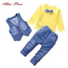 Alice/осенняя одежда для детей Костюм Джентльмена для маленьких мальчиков футболка с длинными рукавами и галстуком-бабочкой+ жилет+ штаны комплекты из 3 предметов для детей возрастом от 1 года до 4 лет