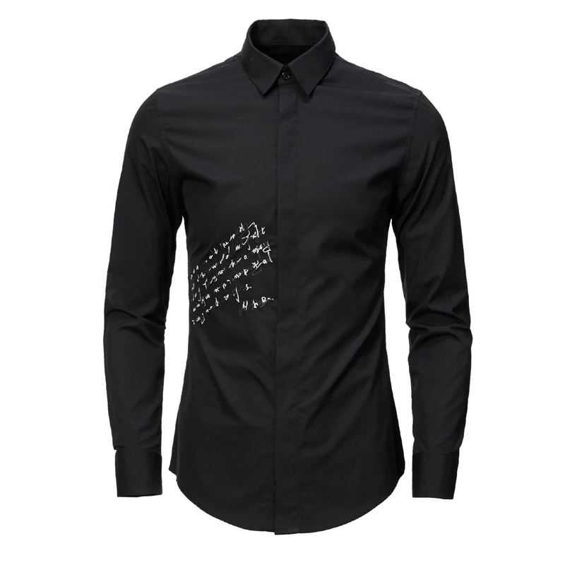 2019 Брендовые мужские рубашки с длинным рукавом Slim Chemise homme сплошной цвет буквы вышивка рубашки для мужчин повседневные деловые мужские