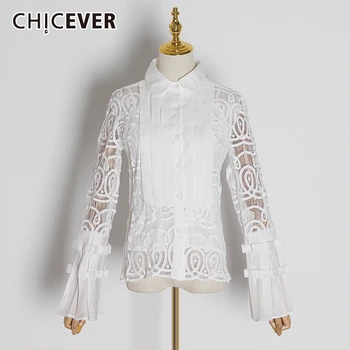 

CHICEVER Vintage Patchwork Lace Blouses For Women Lapel Collar Flare Long Sleeve Hollow Out Shirts Female Fashion 2020 New Tide