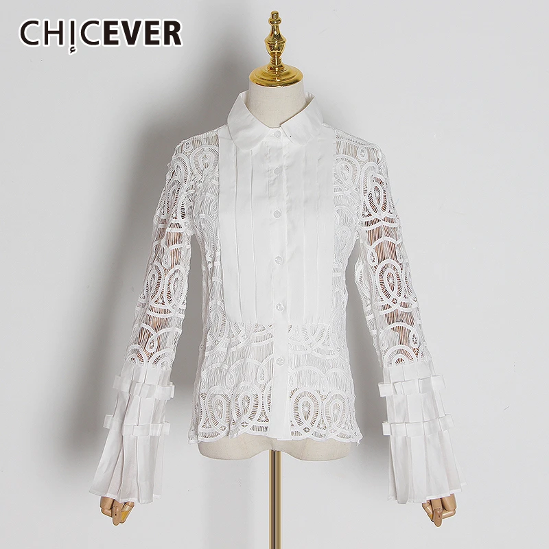 CHICEVER винтажные женские кружевные блузки воротник с отворотом расклешенный