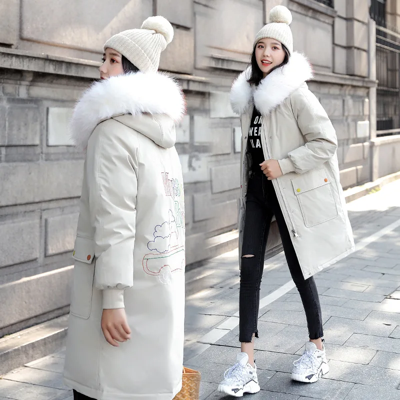 

Autumn And Winter New Style Large Fur Collar Cotton-padded Clothes Women's Korean-style Embroidered Middle Long Coat Thick Warm