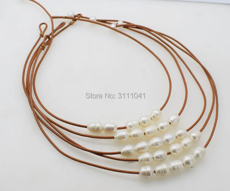 

5strands freshwater pearl white rice and brown line17inch wholesale nature beads FPPJ blue zircon hook
