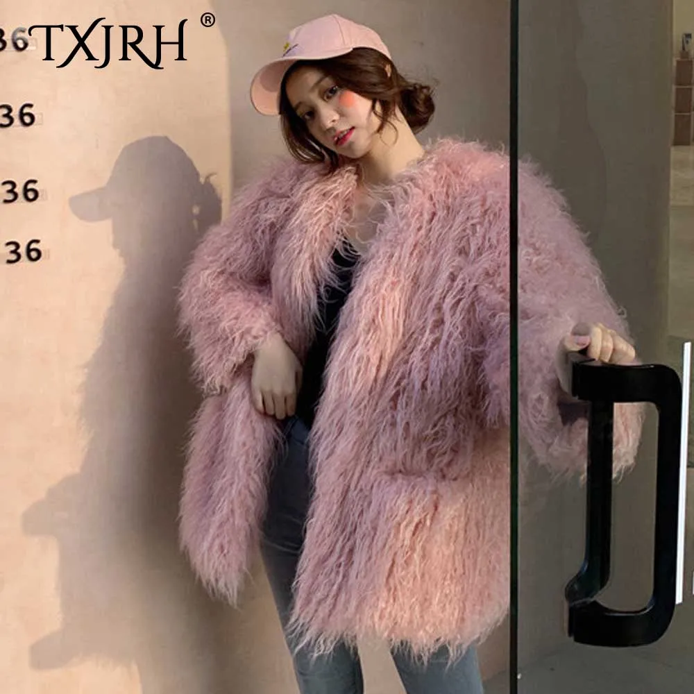 TXJRH стильный из искусственной овечьей шерсти монгольский овечий мех карманы длинное пушистое меховое пальто верхняя одежда женская зимняя теплая куртка пальто Топы 2 цвета