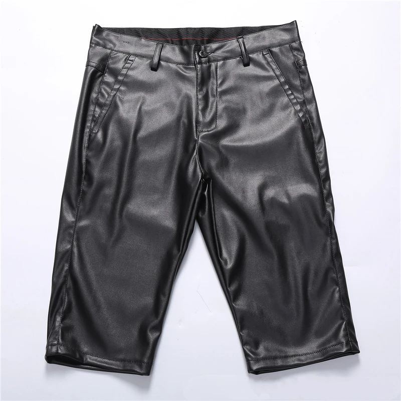 Summer New Mens Casual Trend Stretch Leather Loose Shorts Man Punk Hip Hop Streetwear Five-point Pants Male Thin Black Six Pants