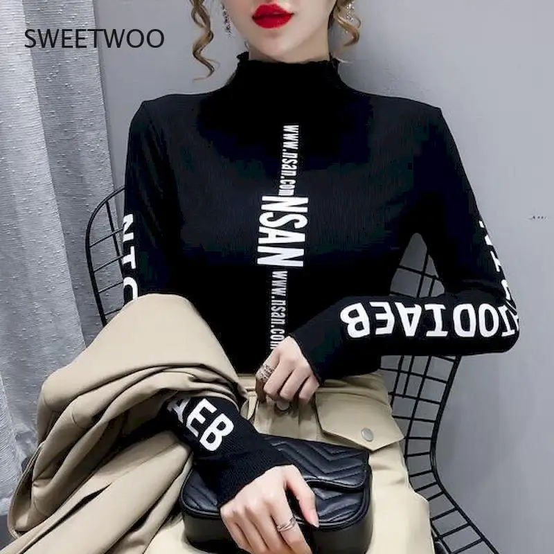 

Spring Winter Women T-shirts New Loose Personality Stretch Thin Long-sleeved Round Neck Mid-high Neck Large Size Bottoming
