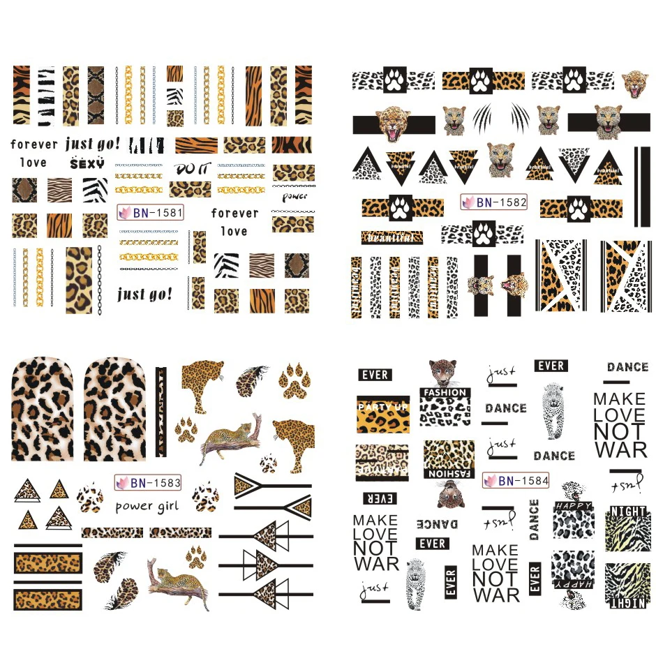 12pcs Leopard Sexy Animals Stickers for Nails Letter Designs Water Tattoo Foil Nail Art Decals Gel Polish Slider GLBN1573-1584-1