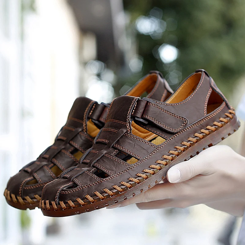 Summer Genuine Leather Roman Men's Sandals Business Casual Shoes Outdoor Beach Wading Slippers Men's Shoes Big Size 39-48
