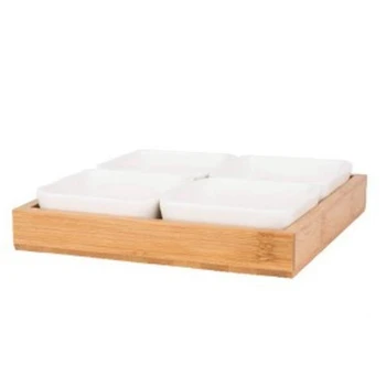

4Pcs Ceramic Snack Plate Set Dessert Plate Dry Fruit Tray Snack Tray Fruit Plate Square Snack Bowls with Wooden Pallets
