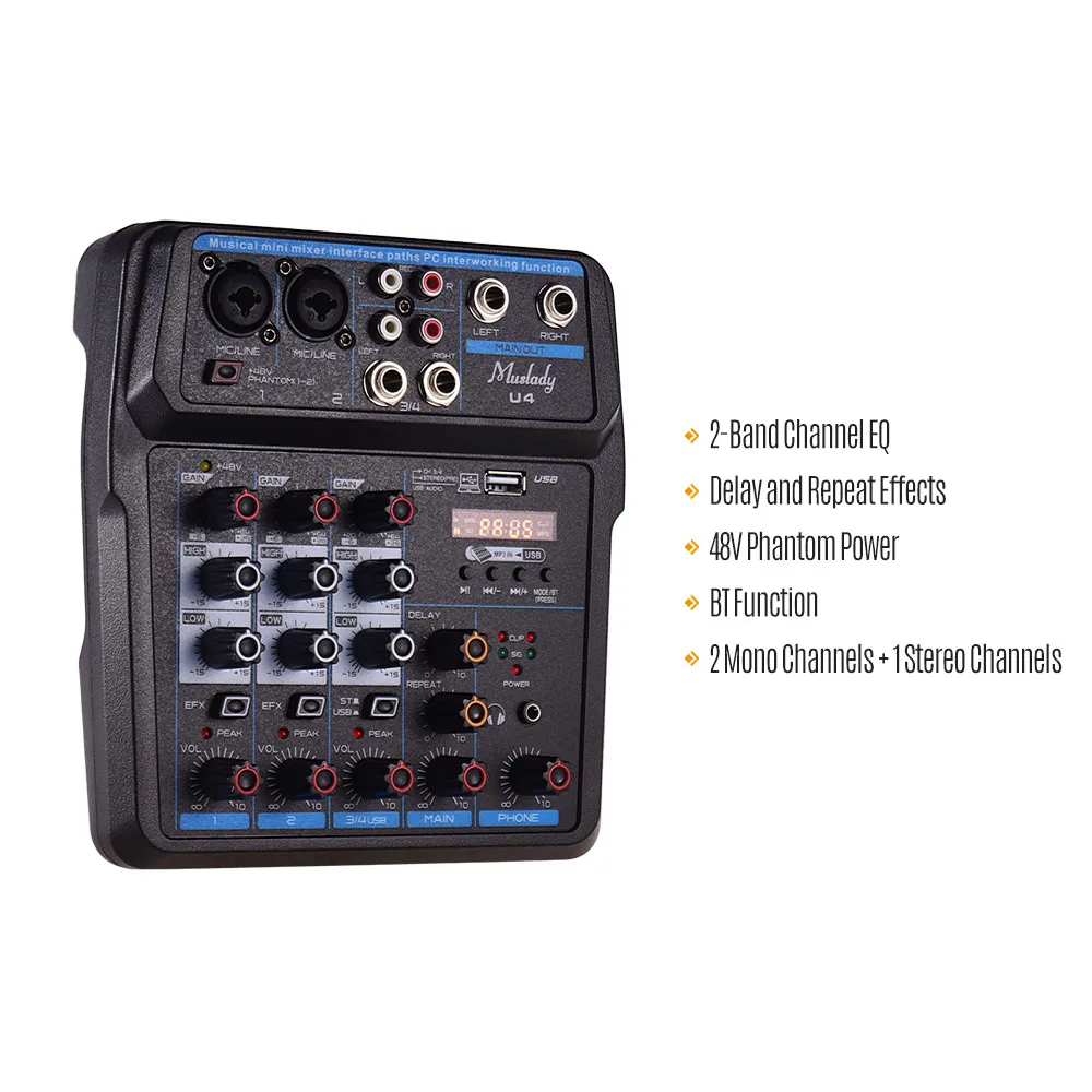 Muslady U4 Portable 4 Channels Audio Mixer BT USB Mixing Console with Sound Card Built-in 48V Phantom Power EU Plug