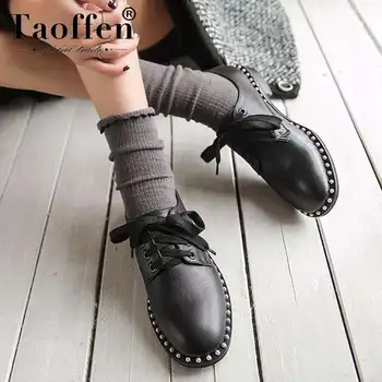 

Taoffen 2020 New Arrival Real Leather Pumps Beads Fashion Sexy Retro Office Shoes Woman Casual Lace Up Spring Pumps Size 33-40