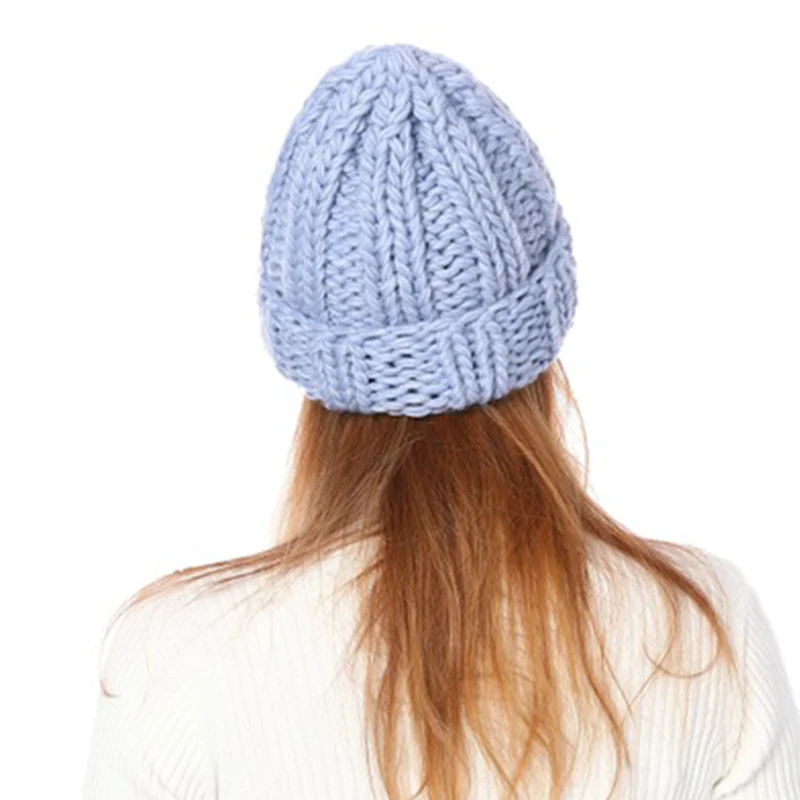 Light Blue Womens Coarse Crimping Wool Winter Hats For Girls Handmade Warm Thick Beanie Knitted Hats Women Winter Soft Solid 12 Colors Cap - Цвет: Light Blue