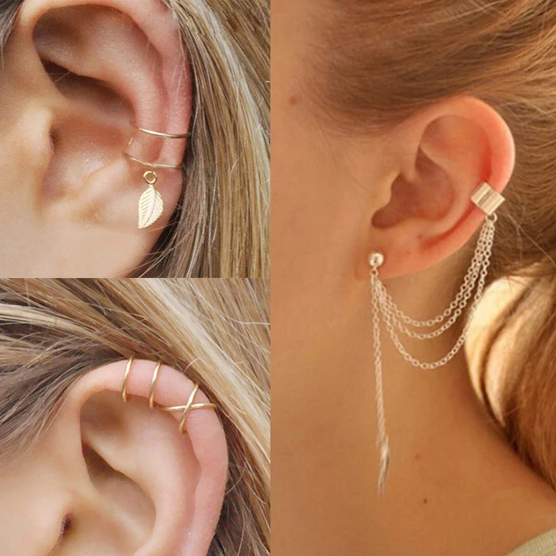 VKME Gold Color Star Leaves Non-Piercing Ear Clip Earrings For Women Men Simple Fake Cartilage Ear Cuff Jewelry Clip d'oreille