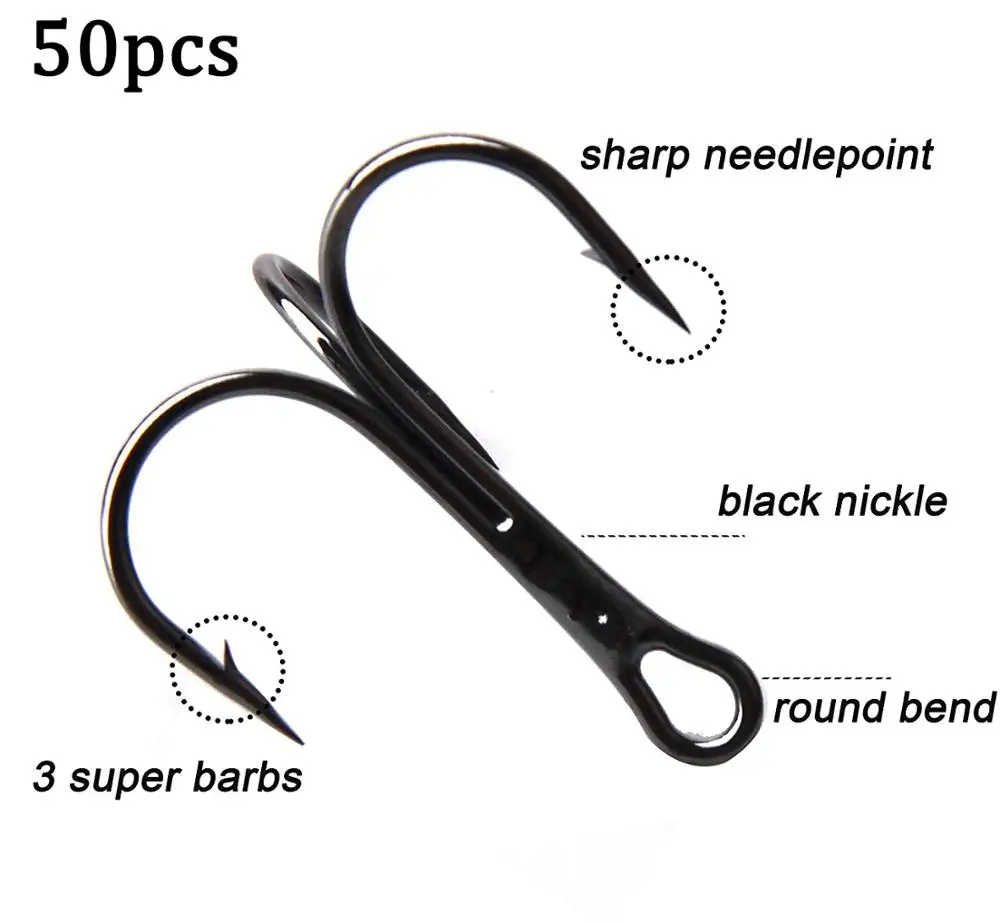 50pcs/lot Treble Fishing Hooks 2#-12# High Carbon Steel Barbed Fishhook  Fishing Tackle Accessories For Lures