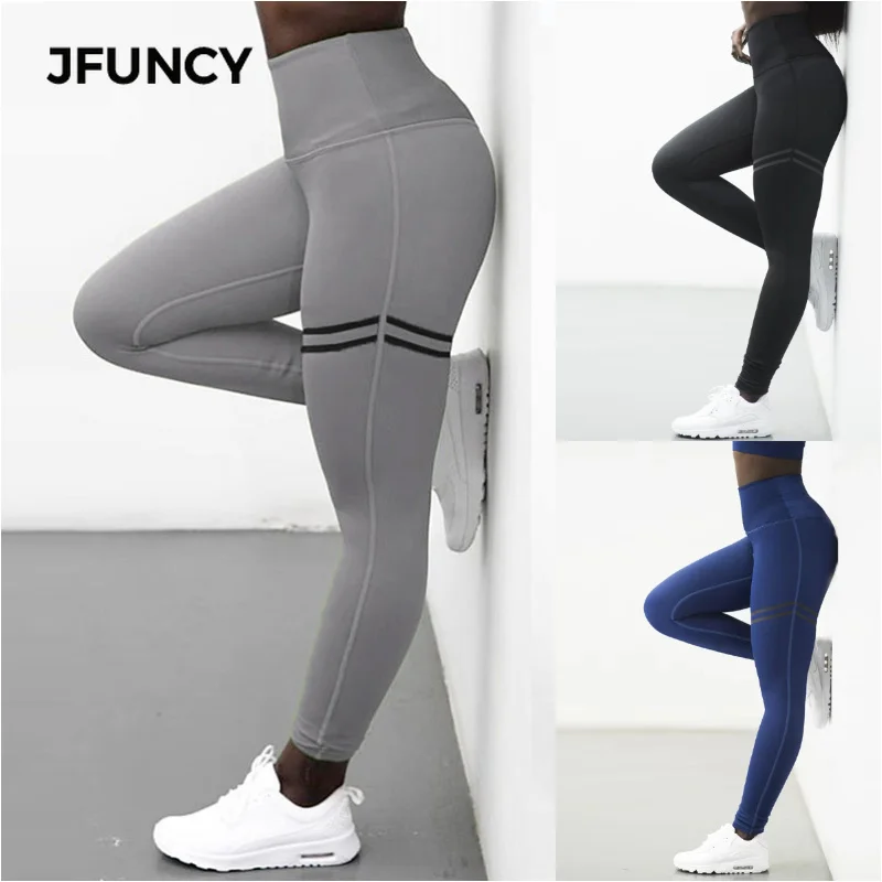 JFUNCY эластичные тонкие леггинсы для фитнеса, женские леггинсы для спортзала с эффектом пуш-ап, бега, тренировки, черные, синие, размера плюс, с принтом, лоскутные брюки
